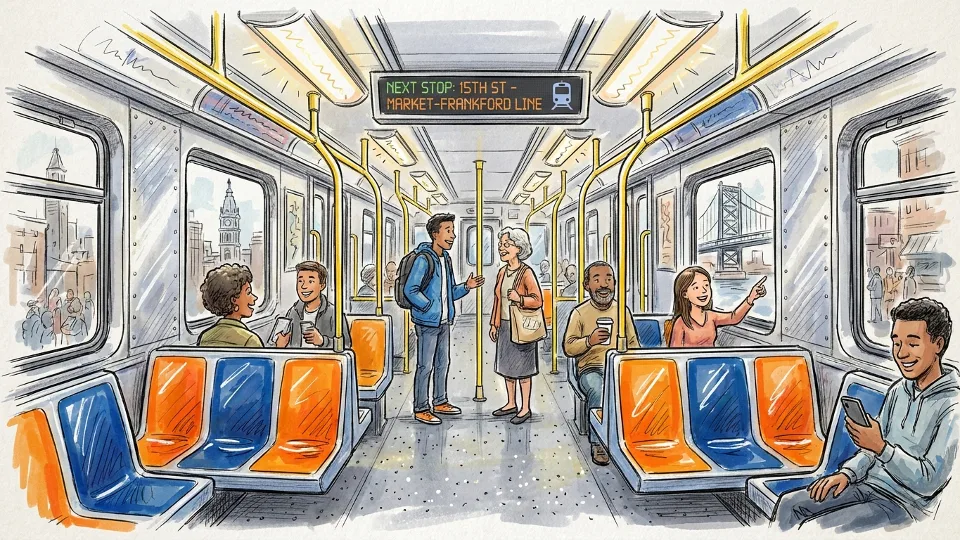 Interior view of SEPTA Market-Frankford Line train car with passenger seating