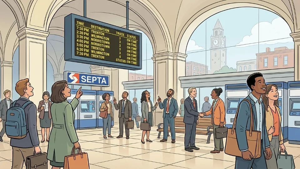 Commuters checking departure board at regional rail station
