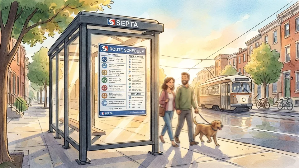 Empty bus stop shelter in Philadelphia with route schedule posted, morning light