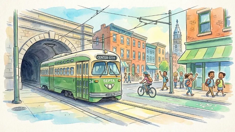 SEPTA trolley emerging from Center City tunnel portal with overhead wires visible and urban buildings in background