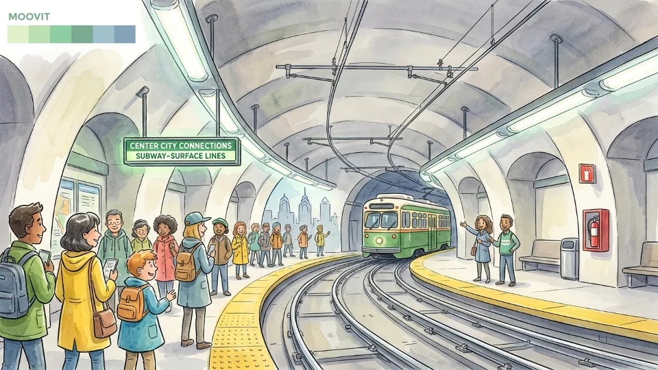 Interior view of Center City trolley tunnel showing tracks, platform area, and lighting system with safety features visible