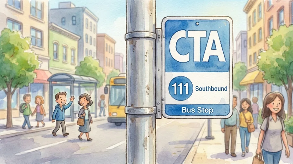 Close-up of CTA bus stop sign with route 111 marker, Chicago street corner setting, clear signage visible, daytime lighting