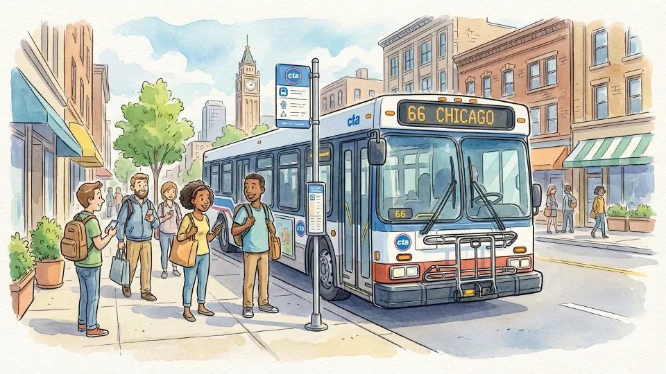CTA bus at Chicago street stop with route number visible on front display, passengers waiting on sidewalk, urban street scene with buildings in background
