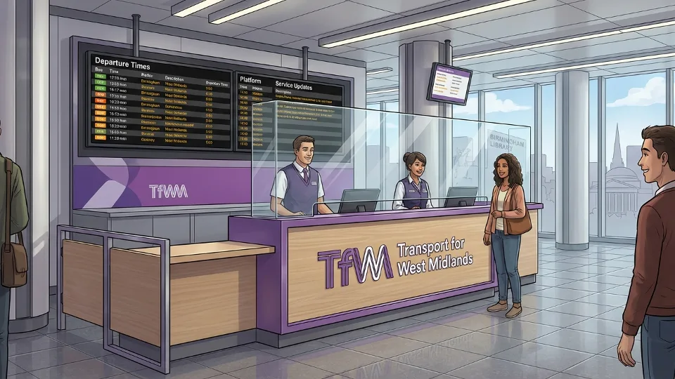 Customer service desk at transit station with information displays
