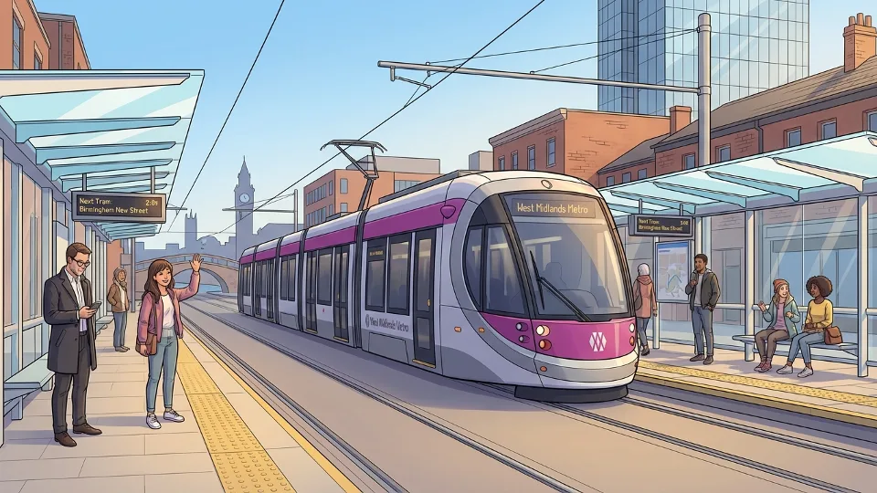 West Midlands Metro tram at station platform with passengers waiting