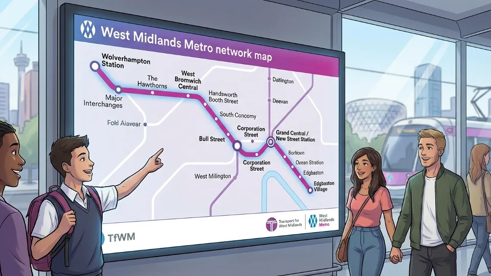 West Midlands tram network map showing Wolverhampton Station to Edgbaston Village route corridor