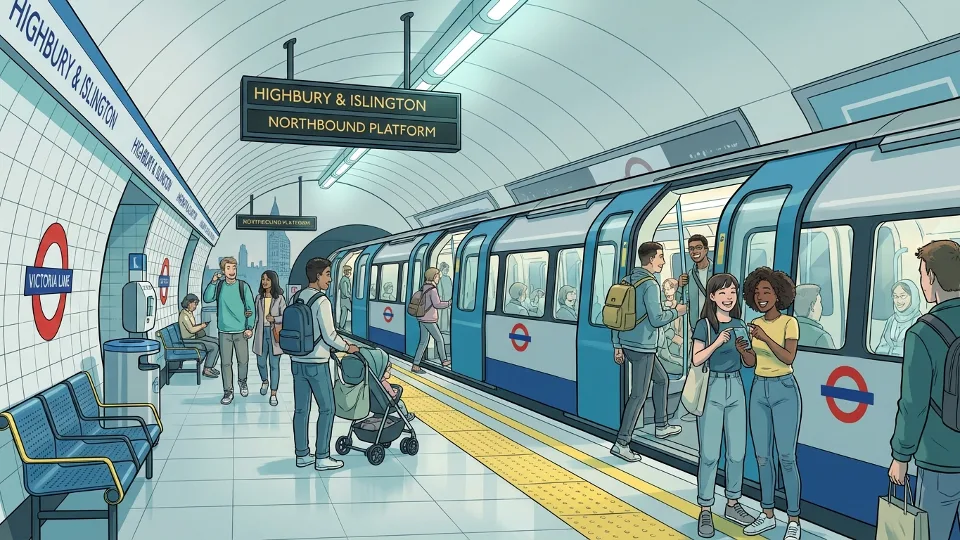 London Underground platform at Highbury & Islington station with train at platform during regular service hours