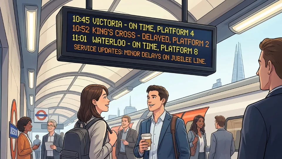 Digital information display board at London transit station showing service status