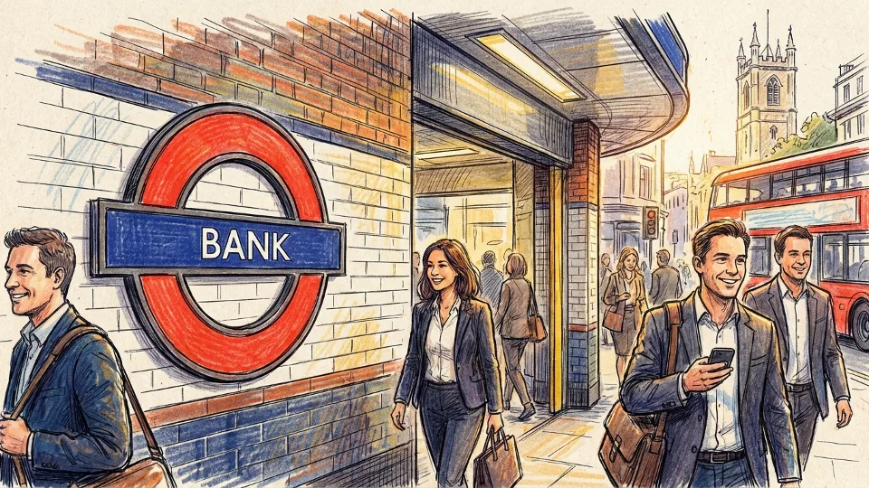 Central Line roundel sign at London Underground station entrance with commuters in background