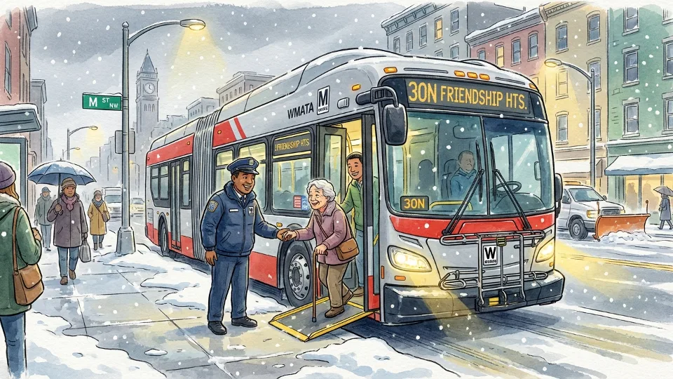 Transit bus operator assisting passenger during winter weather conditions