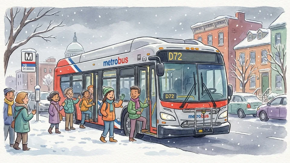 D72 bus stopped at snow-covered street with passengers boarding during winter weather