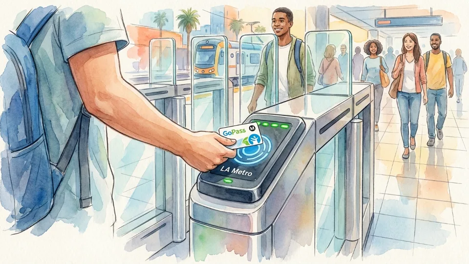 Student using GoPass to tap fare reader at Metro rail station turnstile, close-up showing contactless payment technology