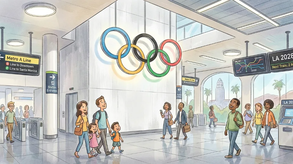 Olympic rings display at transit station with passengers walking past information boards and directional signage