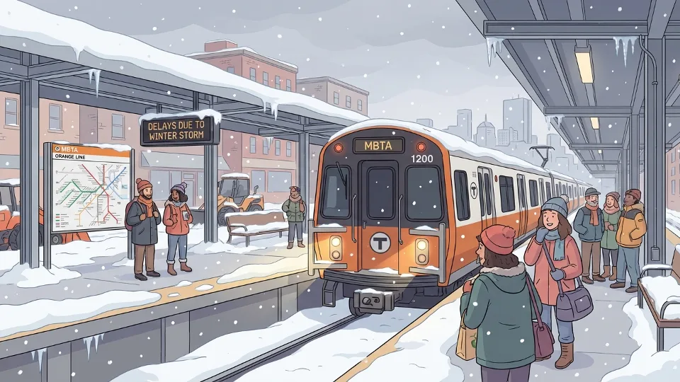 MBTA subway train at snow-covered platform with winter weather conditions visible, showing operational challenges during storm recovery