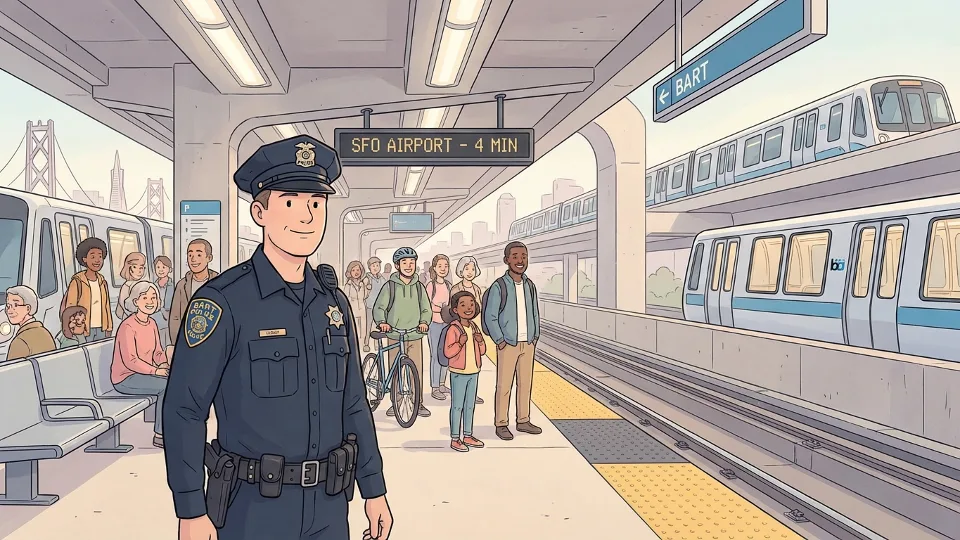 BART police officer on station platform monitoring passengers and trains