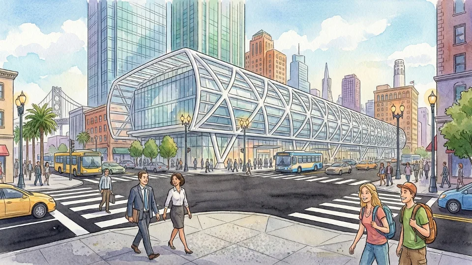 Wide shot of Salesforce Transit Center exterior in San Francisco with pedestrians and urban streetscape