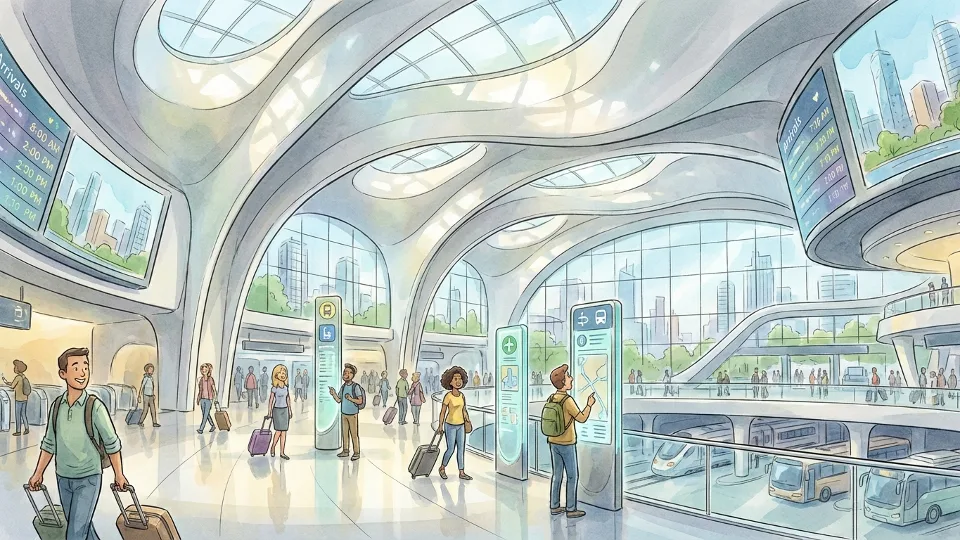 Interior view of Salesforce Transit Center grand hall showing modern architecture and transit passengers