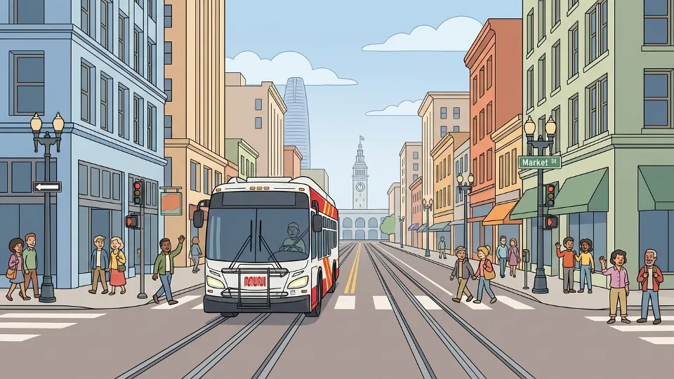 San Francisco Muni bus on Market Street with cable car tracks visible, urban downtown setting, daytime street scene