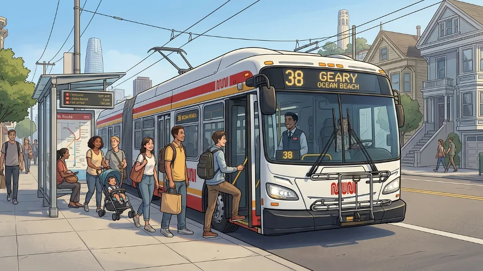 San Francisco Muni bus at stop with route number display visible and passengers boarding