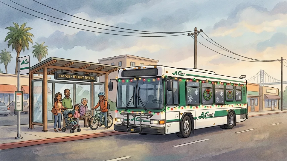 AC Transit bus with festive holiday decorations including lights and seasonal graphics at East Bay transit stop