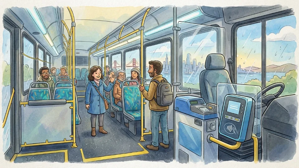 Interior view of SamTrans bus showing fare box and passenger seating area, emphasizing the fare collection equipment that will be bypassed for the free service