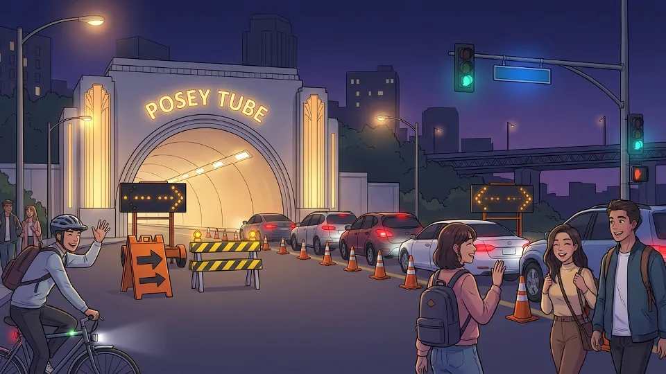 Posey Tube entrance at night showing illuminated tunnel portal and detour signage, with vehicles being redirected to alternate routes