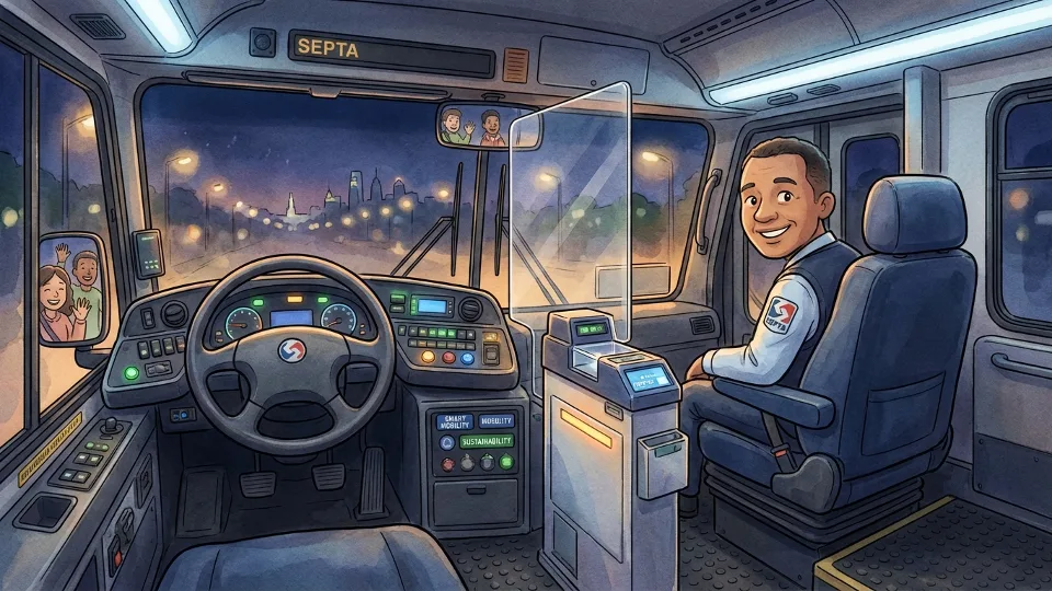Transit operator cab interior of city bus at night