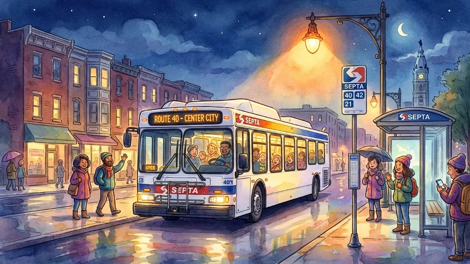 Philadelphia SEPTA bus at night stop with overhead lighting