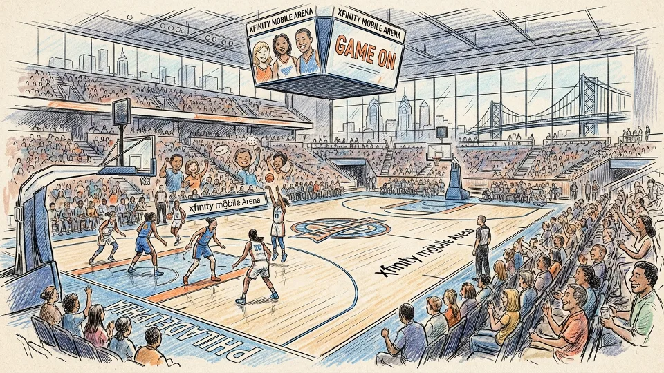 Professional women's basketball game at Xfinity Mobile Arena with players on court
