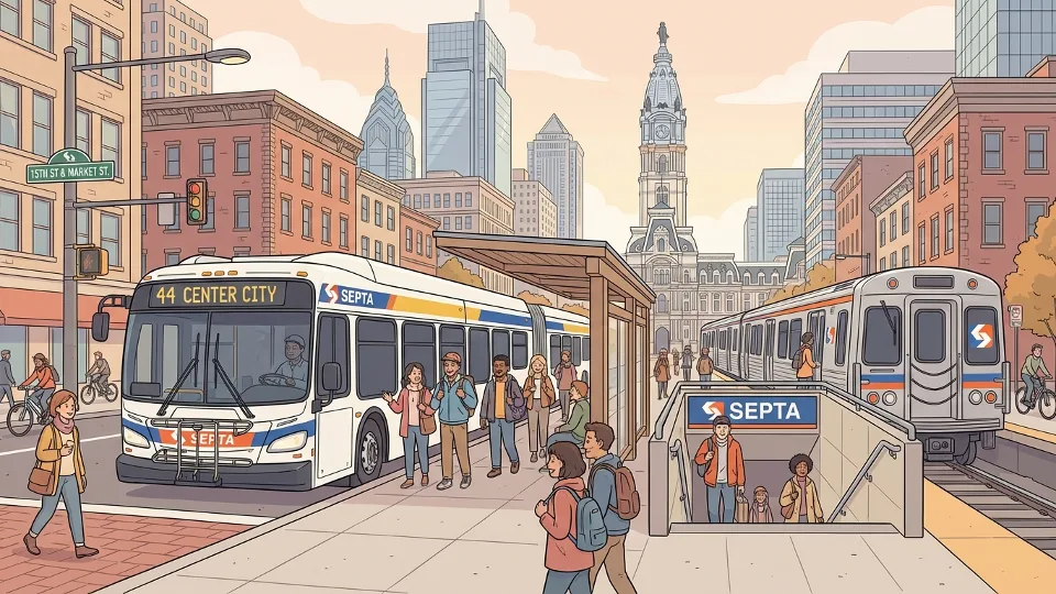 SEPTA bus and subway train at downtown Philadelphia transit hub