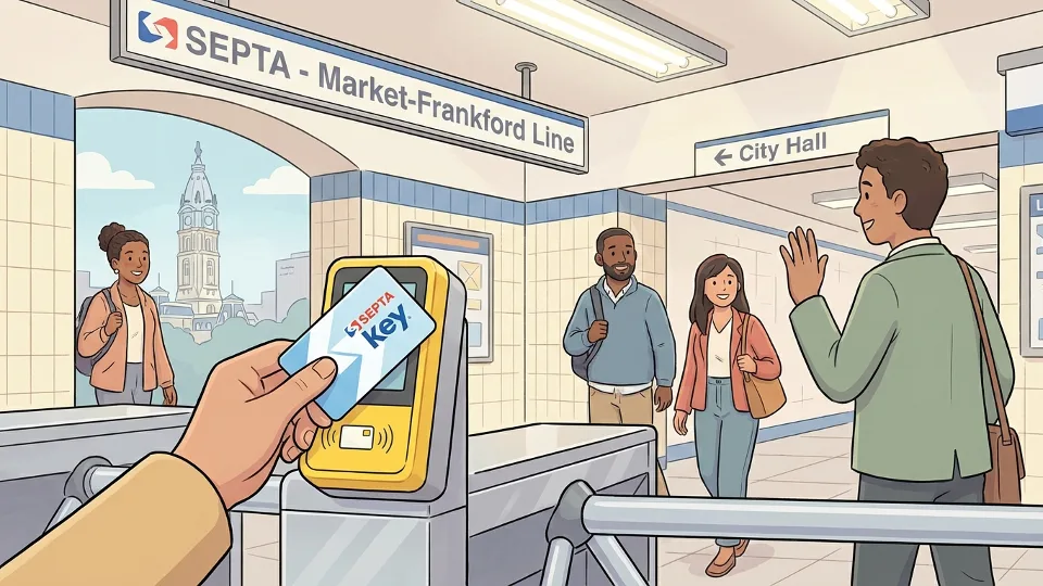 SEPTA Key card being tapped at fare gate in Philadelphia subway station