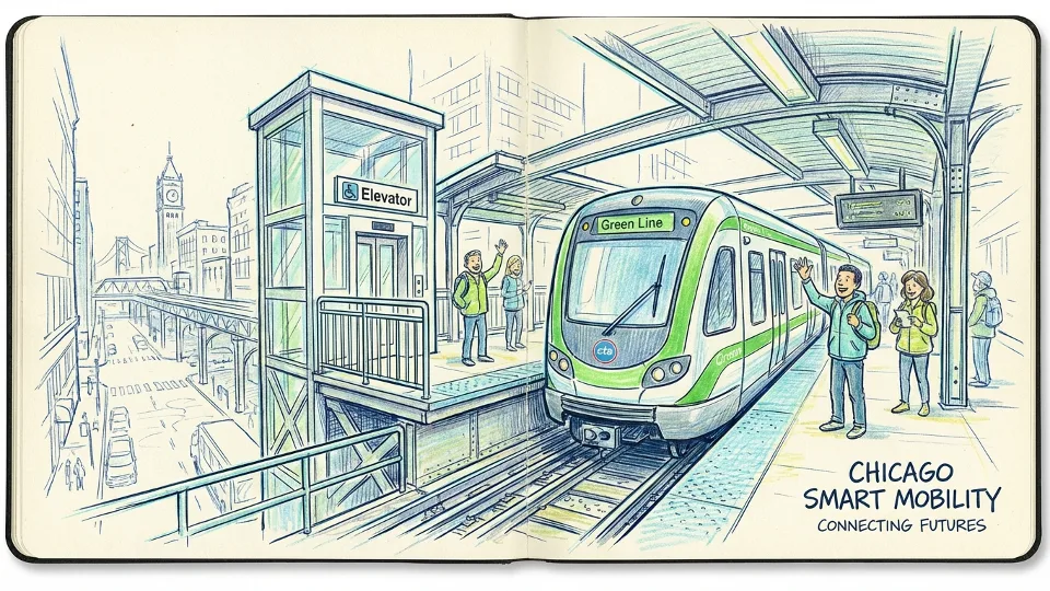 CTA Green Line train at elevated station platform with elevator entrance visible