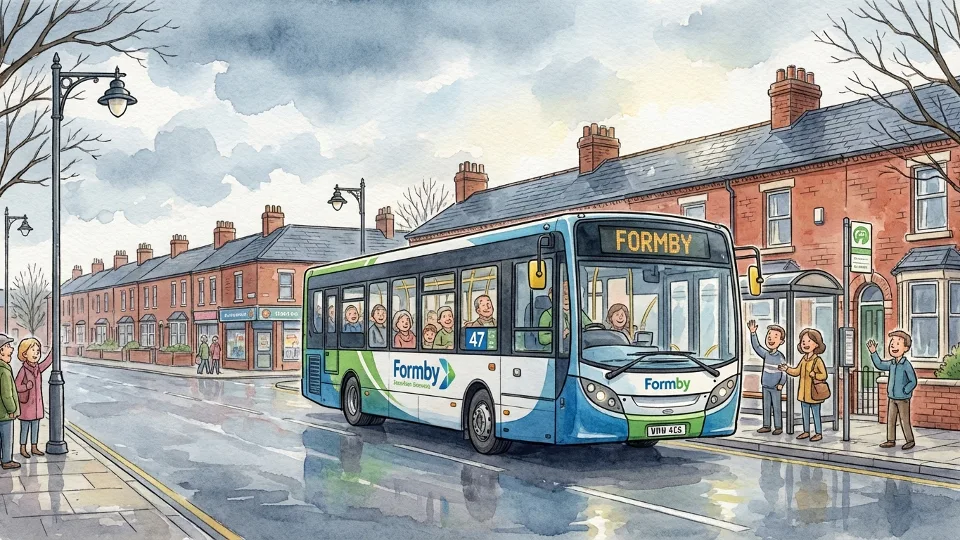 Transit bus on Formby route traveling through North West region street. Alt text: Formby bus route replacement service North West transit. Composition: Side view of bus in motion on typical route corridor, showing service restoration efforts.