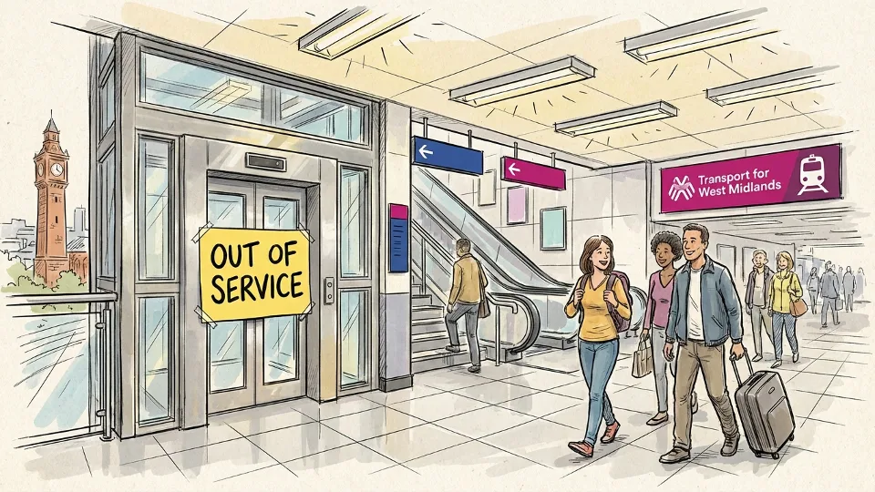 Out of service sign on train station lift with passengers walking past