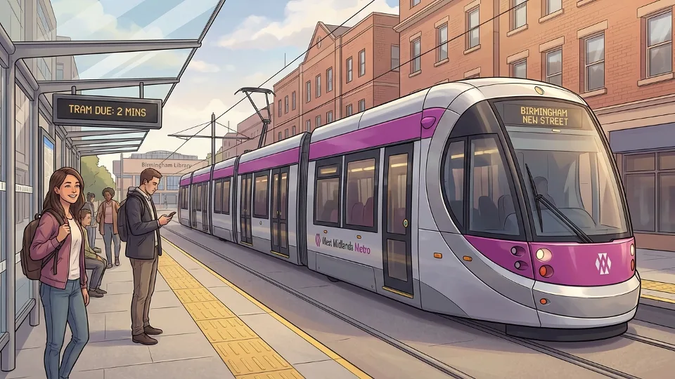 West Midlands tram at station platform with passengers waiting