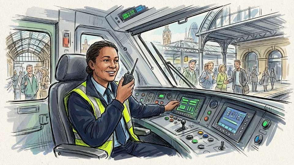 Train driver in cab making passenger announcement while waiting at platform in London station