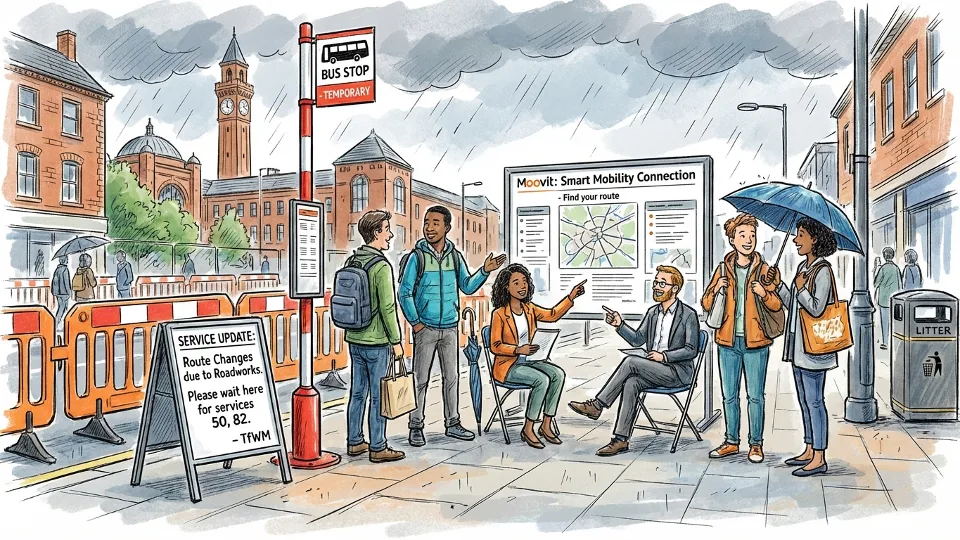 Bus stop with service update notice and passengers waiting at temporary location in West Midlands