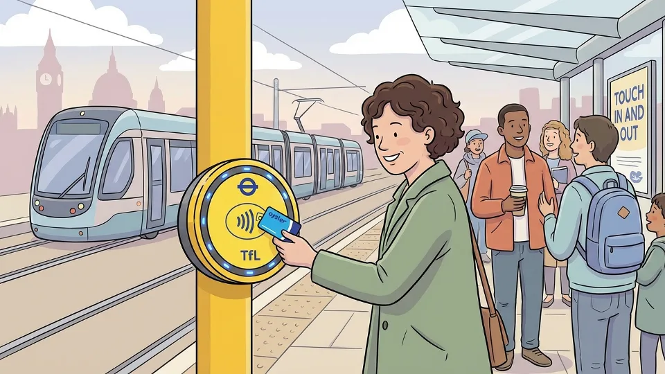 Contactless payment reader at London tram stop with Oyster card symbol