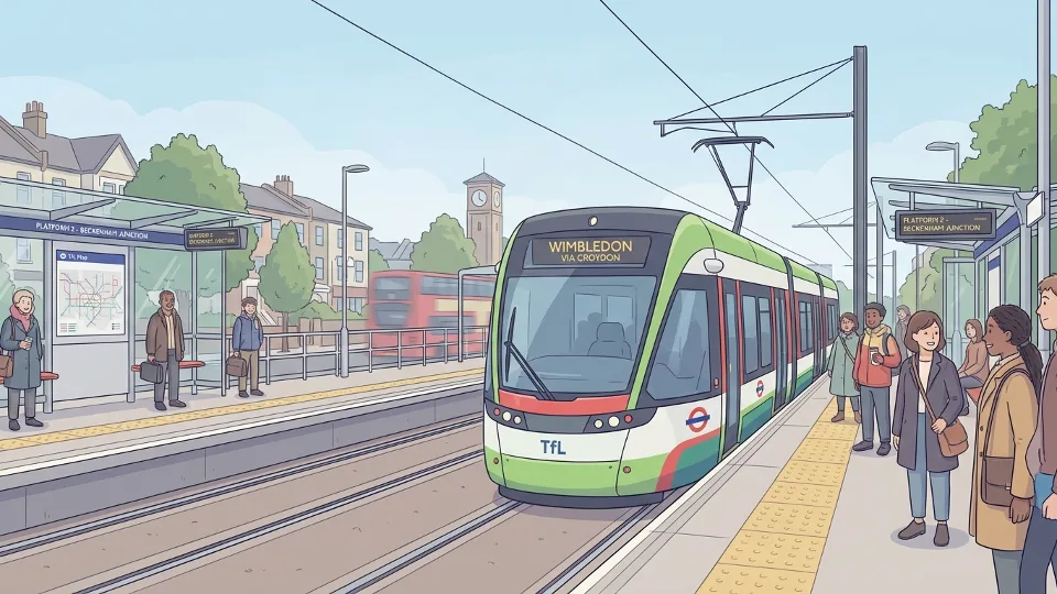 London tram approaching station platform with passengers waiting