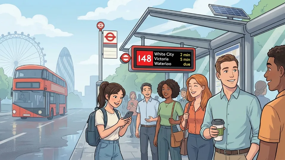 Transport for London bus route information display showing schedule and route number