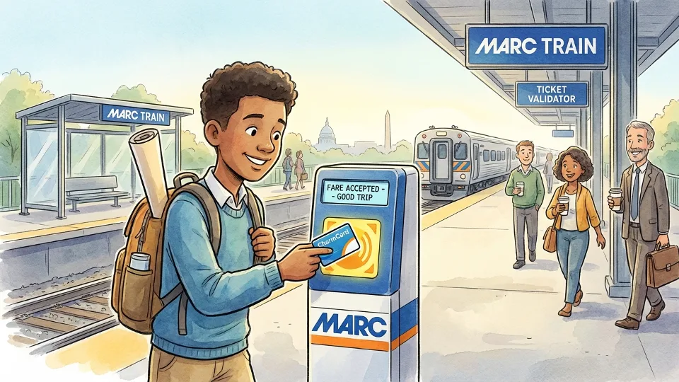 Student using fare card at MARC train ticket validator
