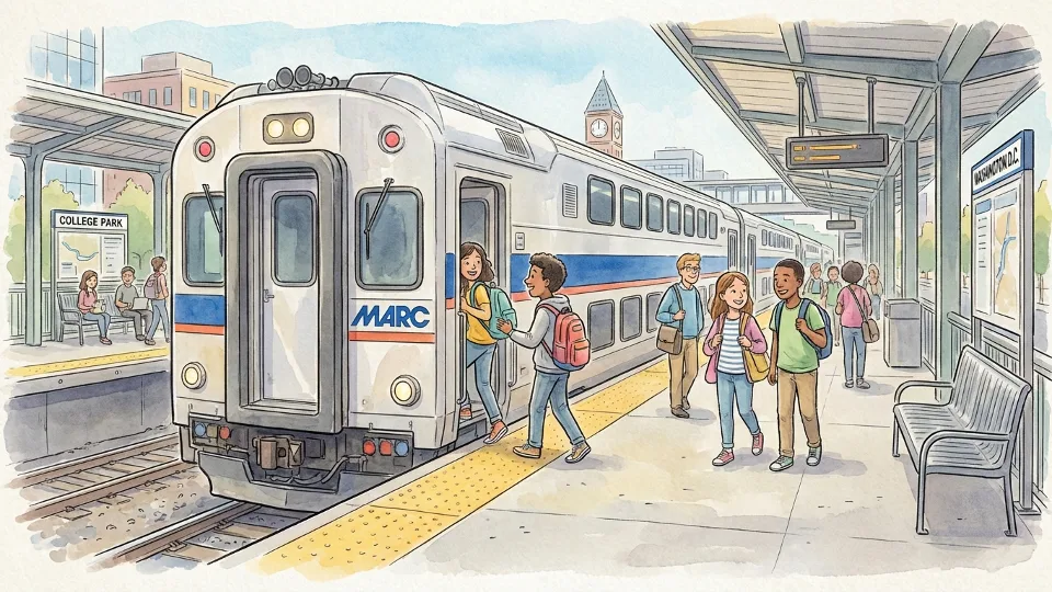 MARC commuter train at station platform with students boarding