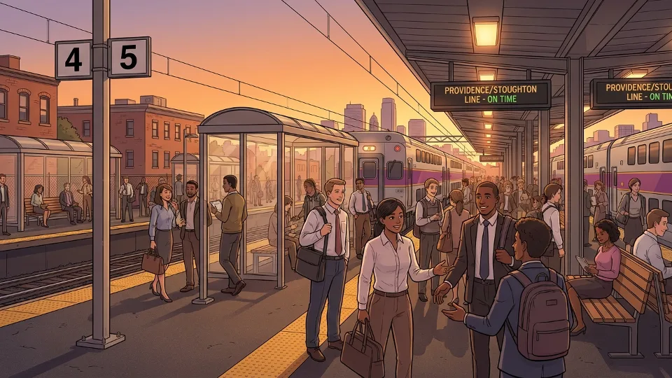 Commuter rail platform with track number signage and waiting passengers during evening rush hour