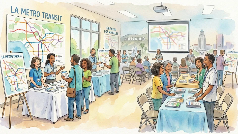 Community members gathering at public meeting with transit information displays and resource tables