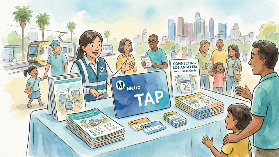 Metro TAP card and transit pass displayed at community outreach table with informational materials