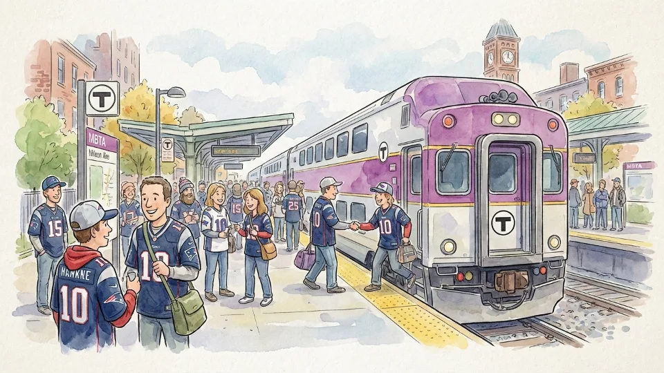 MBTA commuter rail train at Boston station platform with Patriots fans boarding