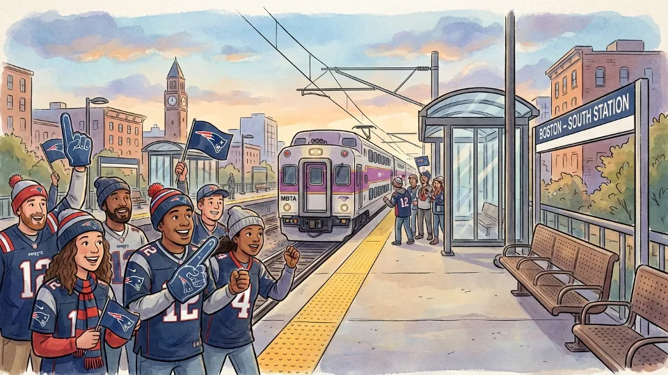 Patriots fans waiting at commuter rail platform with MBTA train approaching