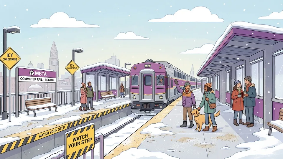 Snowy MBTA commuter rail station platform with caution signs and winter weather conditions