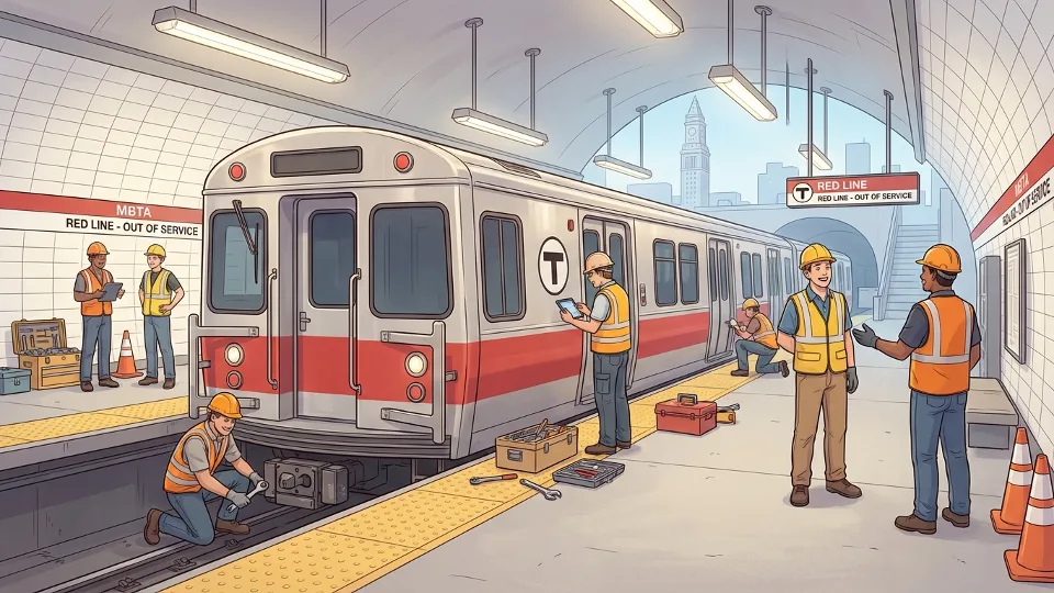 MBTA maintenance crew working on Red Line train at subway station