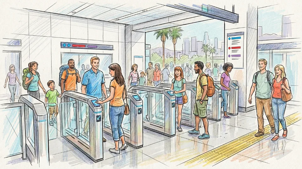Metro Rail passengers using fare gates at station entrance on weekend